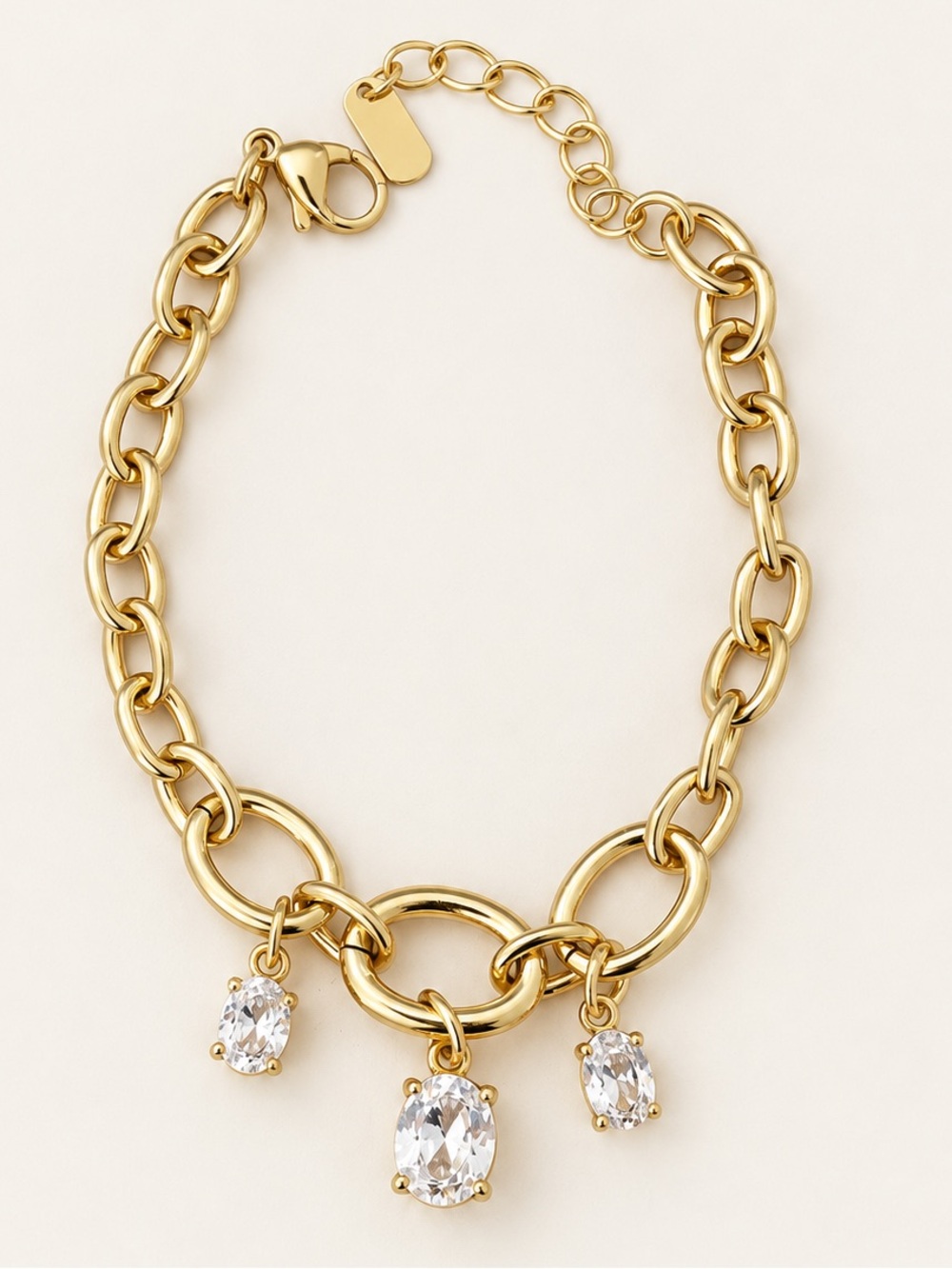 14K Gold Plated Oval Crystal Charm Chunky Link Chain Bracelet Adjustable